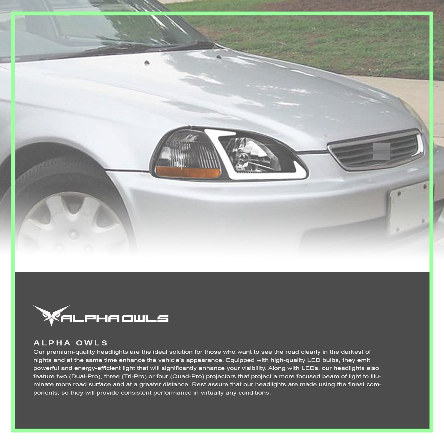 Alpha Owls 1996-1998 Honda Civic LM Series Headlights (Crystal Headlights Black housing w/ LumenX Light Bar)-C-Dub Tech