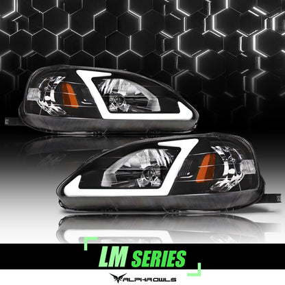 Alpha Owls 1999-2000 Honda Civic LM Series Headlights (Crystal Headlights Black housing w/ LumenX Light Bar)-C-Dub Tech