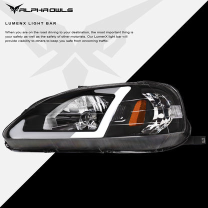 Alpha Owls 1999-2000 Honda Civic LM Series Headlights (Crystal Headlights Black housing w/ LumenX Light Bar)-C-Dub Tech
