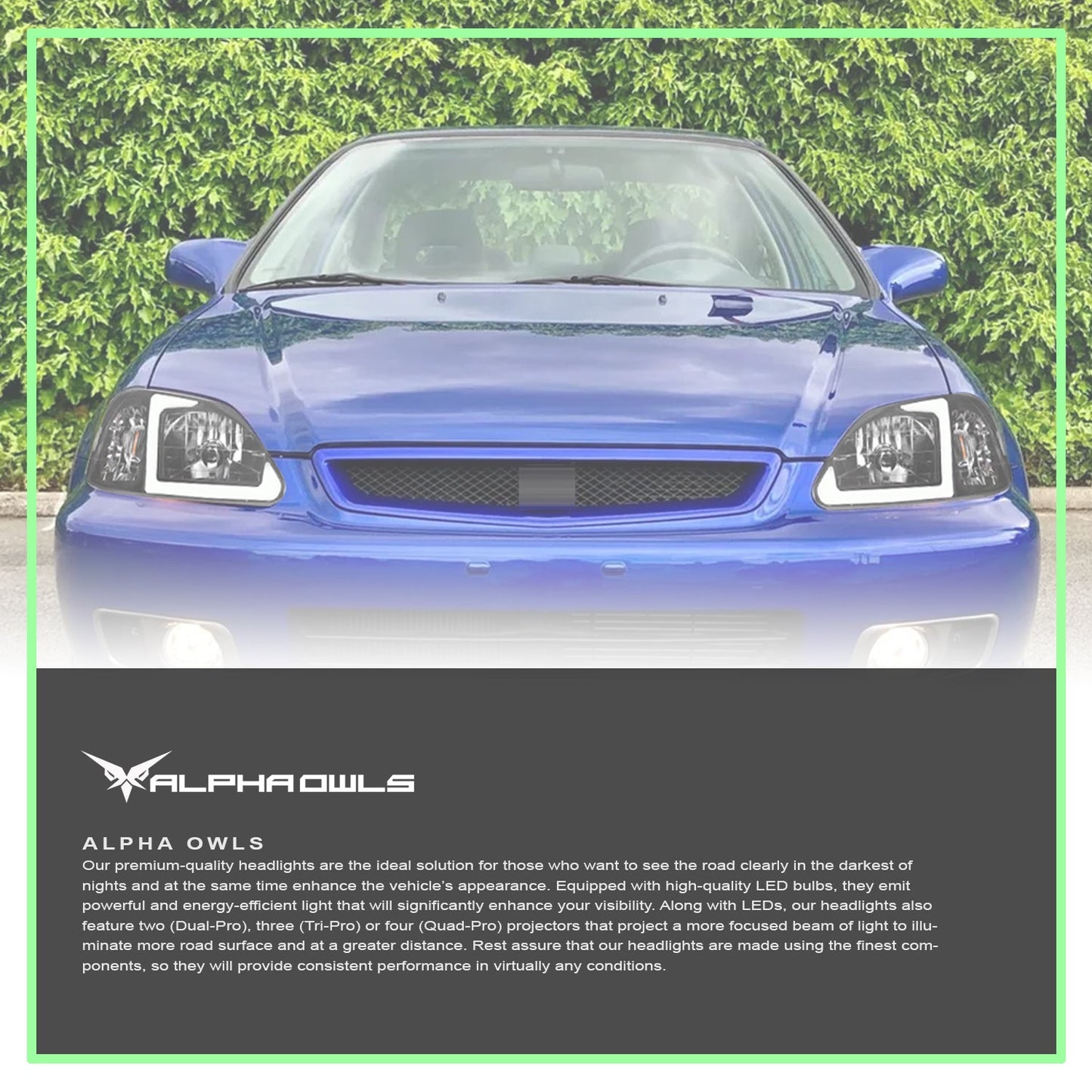 Alpha Owls 1999-2000 Honda Civic LM Series Headlights (Crystal Headlights Black housing w/ LumenX Light Bar)-C-Dub Tech