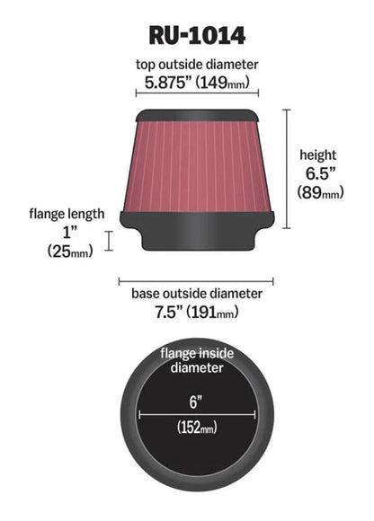 K&N Universal Tapered Filter 6in Flange ID x 7.5in Base - RU-1014