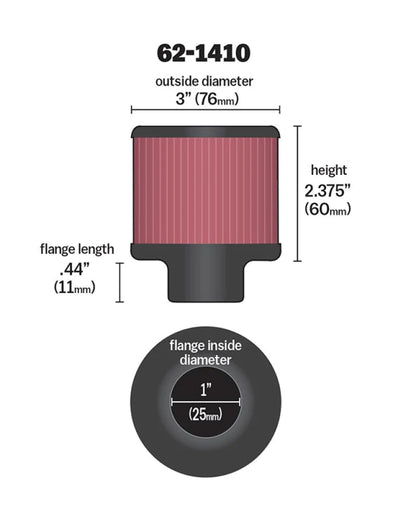 K&N 1 inch ID 3 inch OD 2.375 inch H - 62-1410