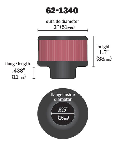 K&N 0.625 inch ID 2 inch OD 1.5 inch H - 62-1340