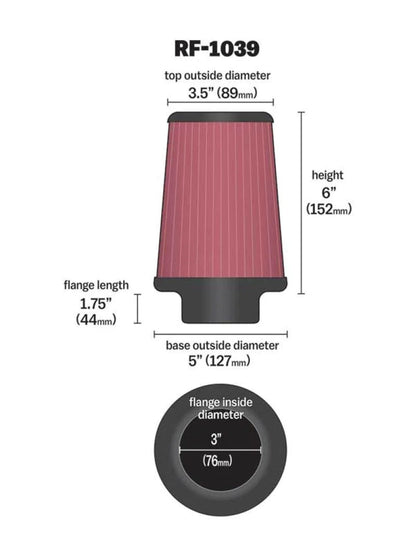 K&N Round Tapered Universal Air Filter 3in Flange ID x - RF-1039