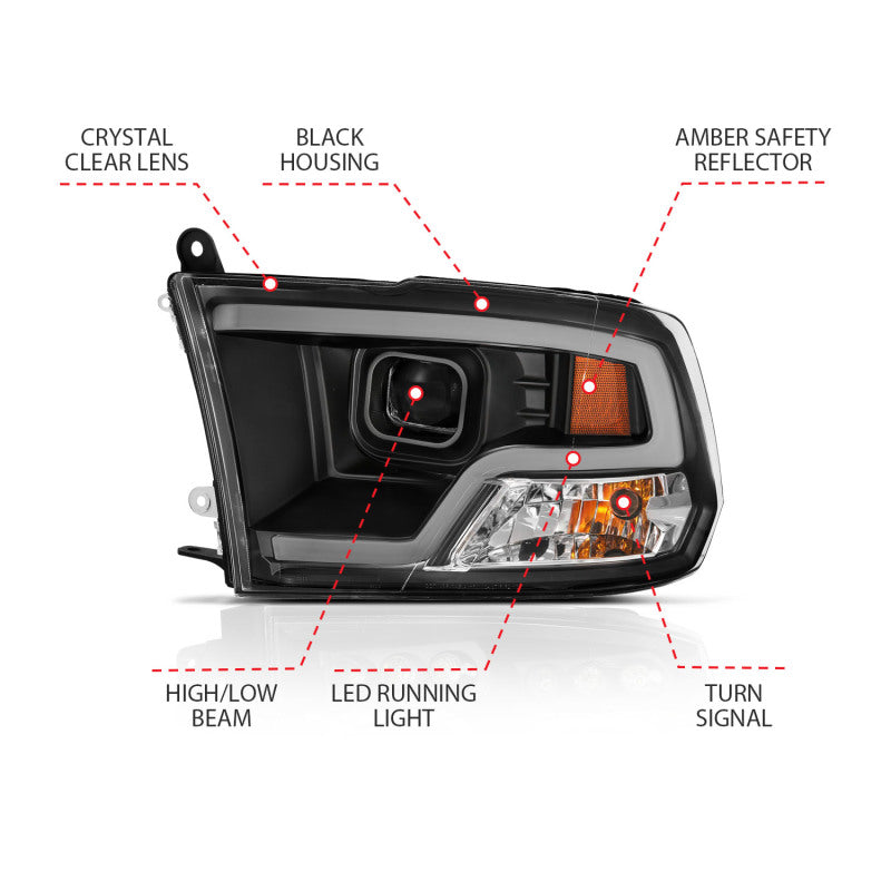 ANZO 09-18 Dodge Ram 1500 Plank Style Projector Headlights Black - 111404-C-Dub Tech
