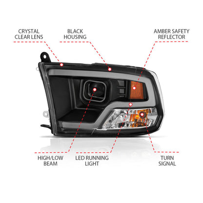 ANZO 09-18 Dodge Ram 1500 Plank Style Projector Headlights Black - 111404-C-Dub Tech