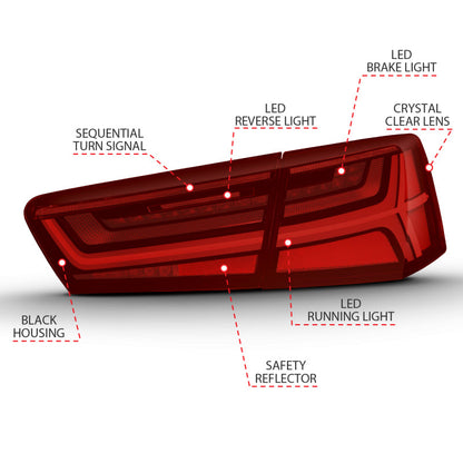 ANZO 2012-2018 Audi A6 LED Taillight Black Housing Red/Clear Lens - 321353-C-Dub Tech