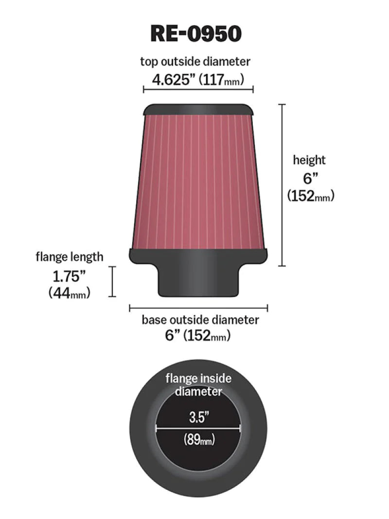 K&N Universal Rubber Filter 3 1/2inch ID FLG / 6inch - RE-0950