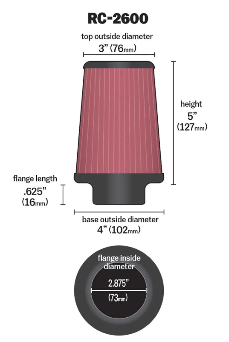 K&N Universal Chrome Filter .625in Flange L x 4in Base - RC-2600