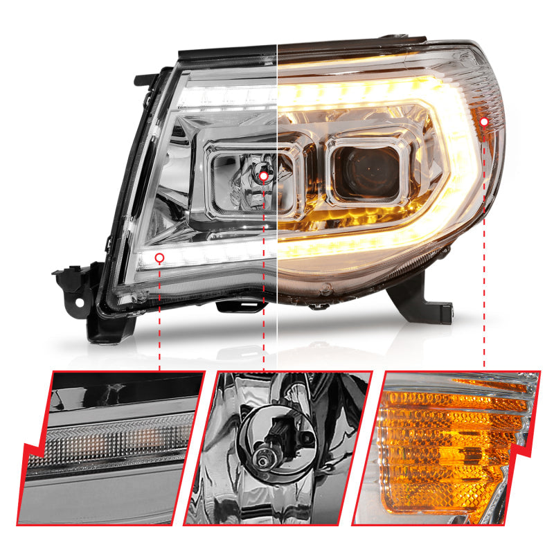 ANZO 05-11 Toyota Tacoma Projector Headlights w/Light Bar Switchback Chrome - 111565-C-Dub Tech