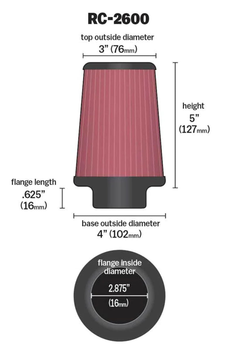 K&N Universal Chrome Filter .625in Flange L x 4in Base - RC-2600