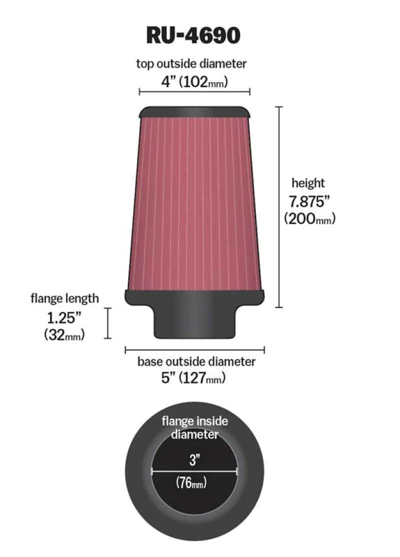 K&N Universal Round Tapered Filter 3 inch FLG / 5 - RU-4690