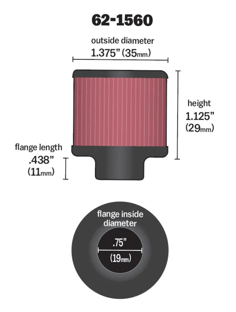 K&N 0.75 inch ID 1.375 inch OD 1.125 inch H - 62-1560