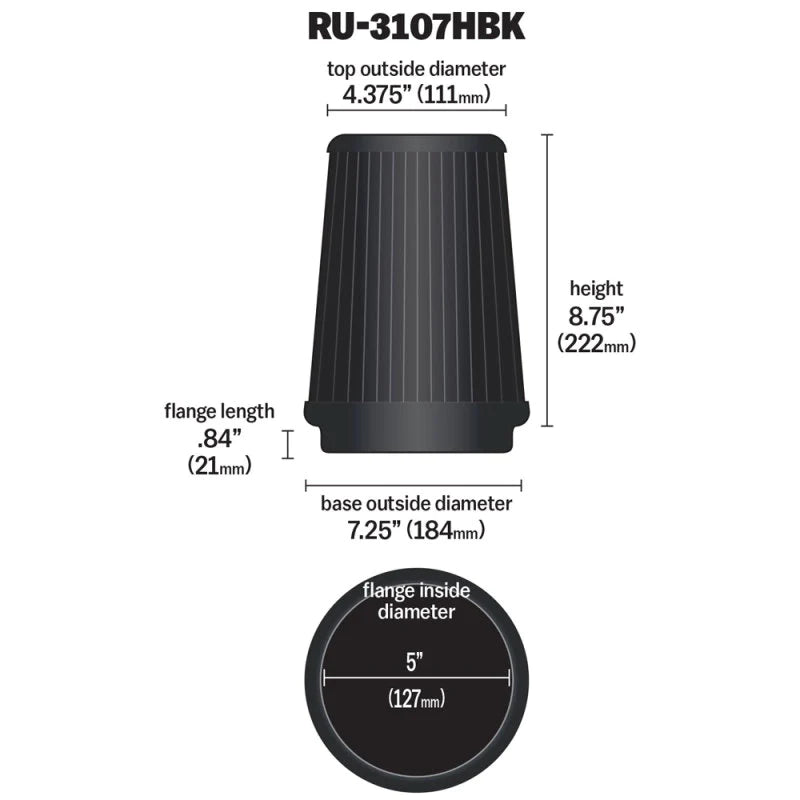 K&N Universal Air Filter (5in Flange / 6-1/2in Base / - RU-3107HBK
