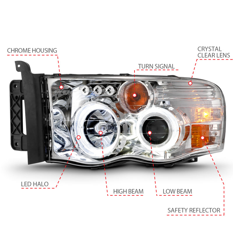 ANZO 2002-2005 Dodge Ram 1500 Projector Headlights w/ Halo Chrome - 111491-C-Dub Tech
