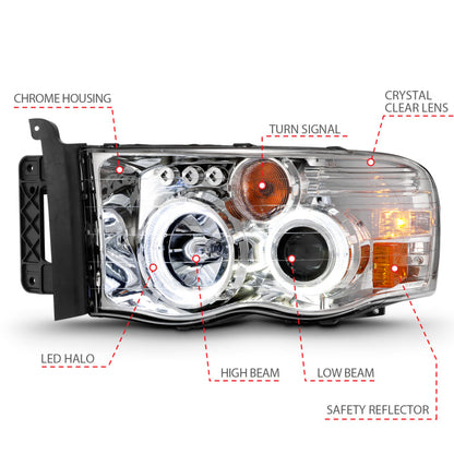 ANZO 2002-2005 Dodge Ram 1500 Projector Headlights w/ Halo Chrome - 111491-C-Dub Tech