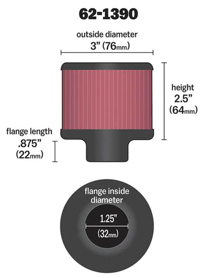 K&N 1.25in Flange ID x 3in OD x 2.5in H - 62-1390