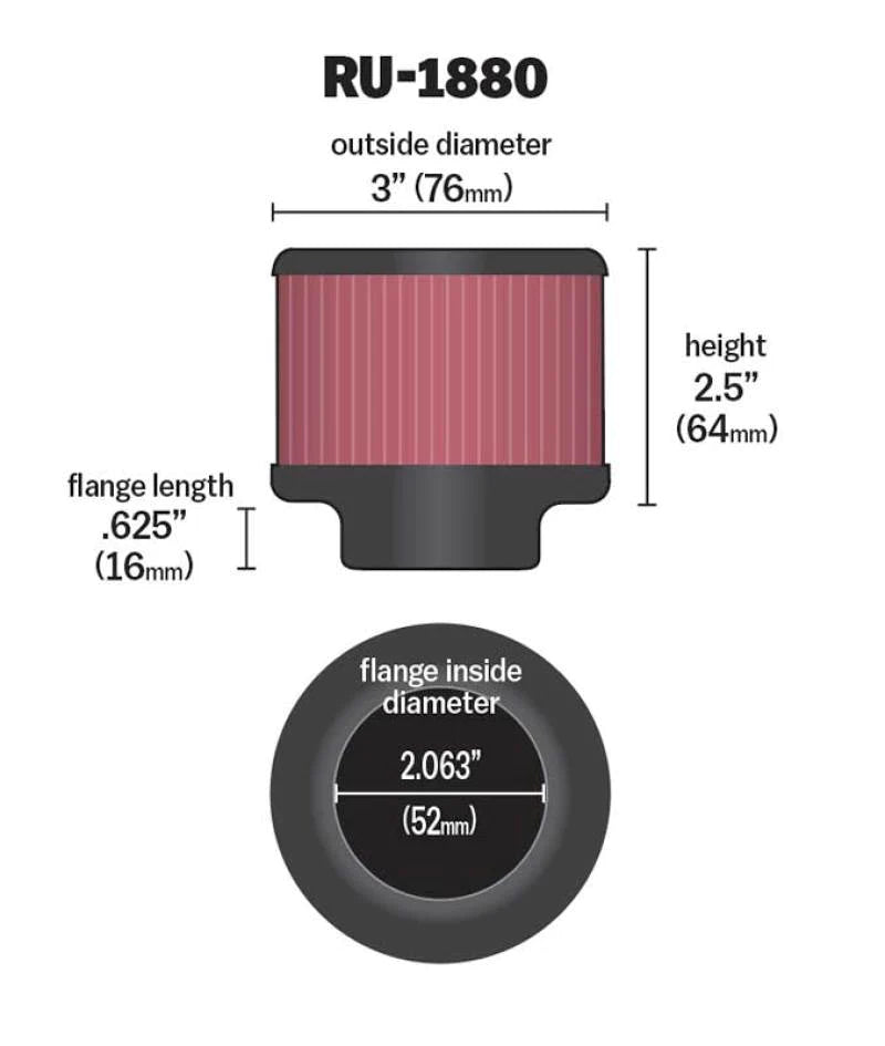 K&N Universal Round Clamp-On Air Filter 2-1/16in Flange 3in OD - RU-1880