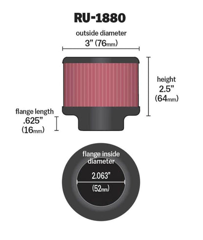 K&N Universal Round Clamp-On Air Filter 2-1/16in Flange 3in OD - RU-1880