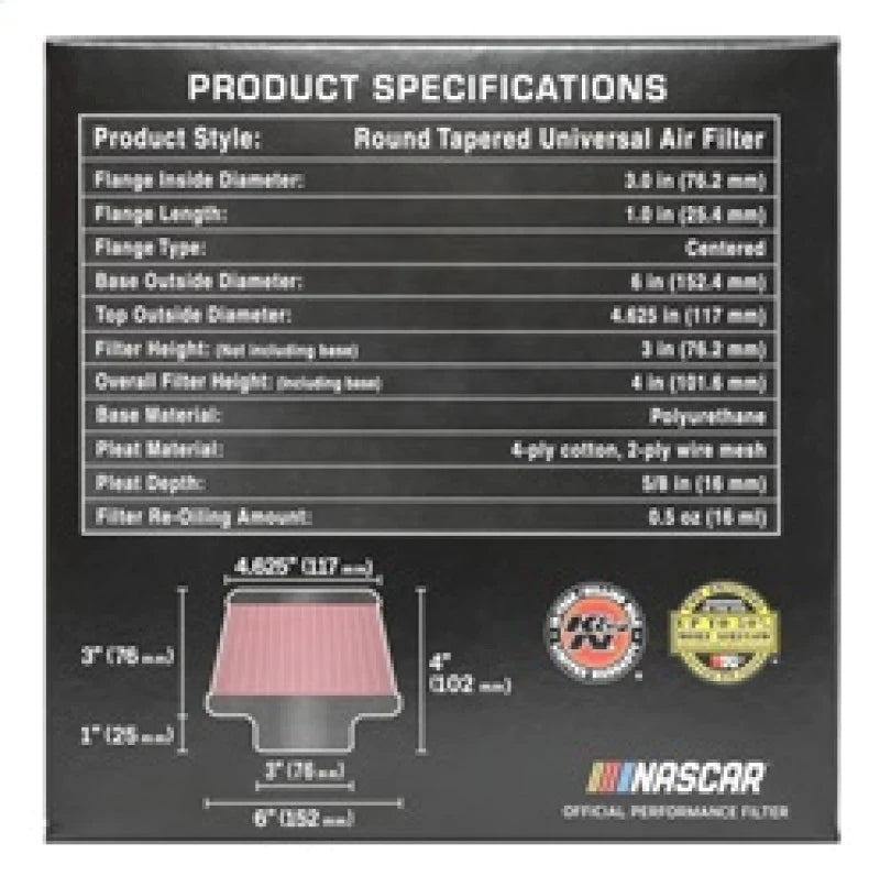 K&N Universal Round Clamp-On Air Filter 3in Flange ID x - RU-5288