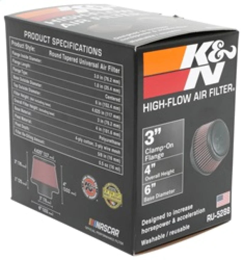 K&N Universal Round Clamp-On Air Filter 3in Flange ID x - RU-5288