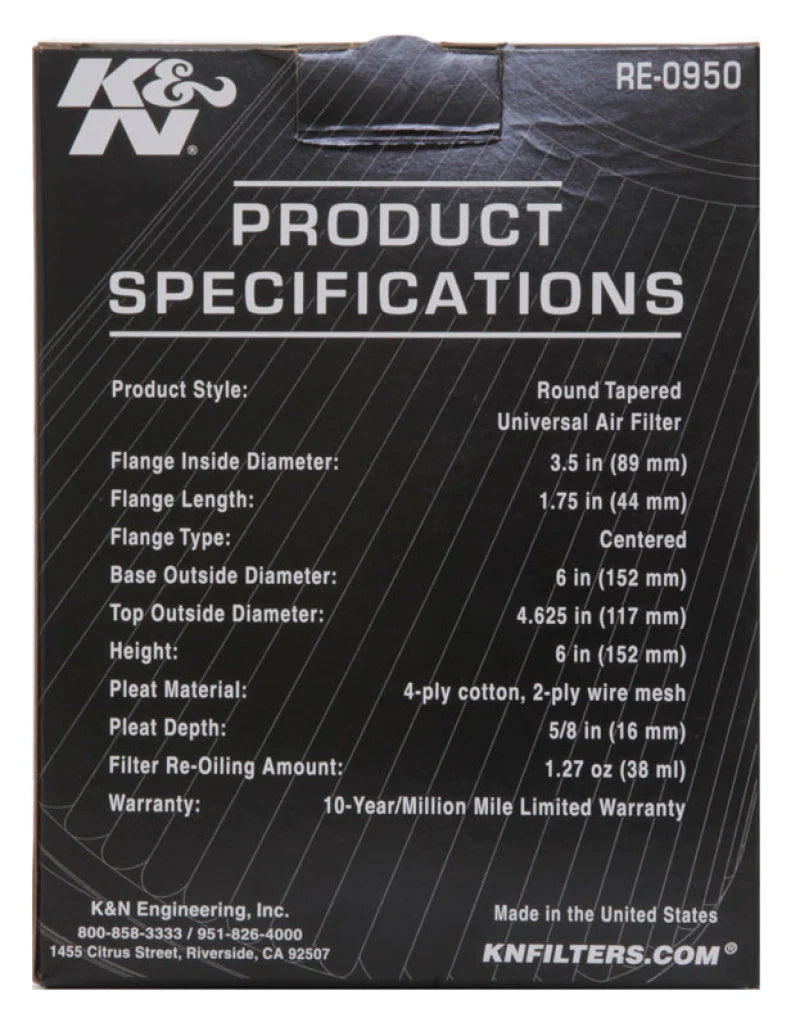 K&N Universal Rubber Filter 3 1/2inch ID FLG / 6inch - RE-0950