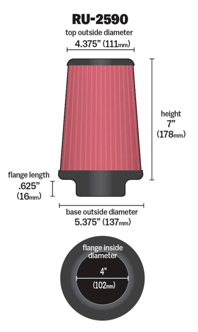 K&N Filter Universal Rubber Filter 4 inch Flange 5 3/8 - RU-2590