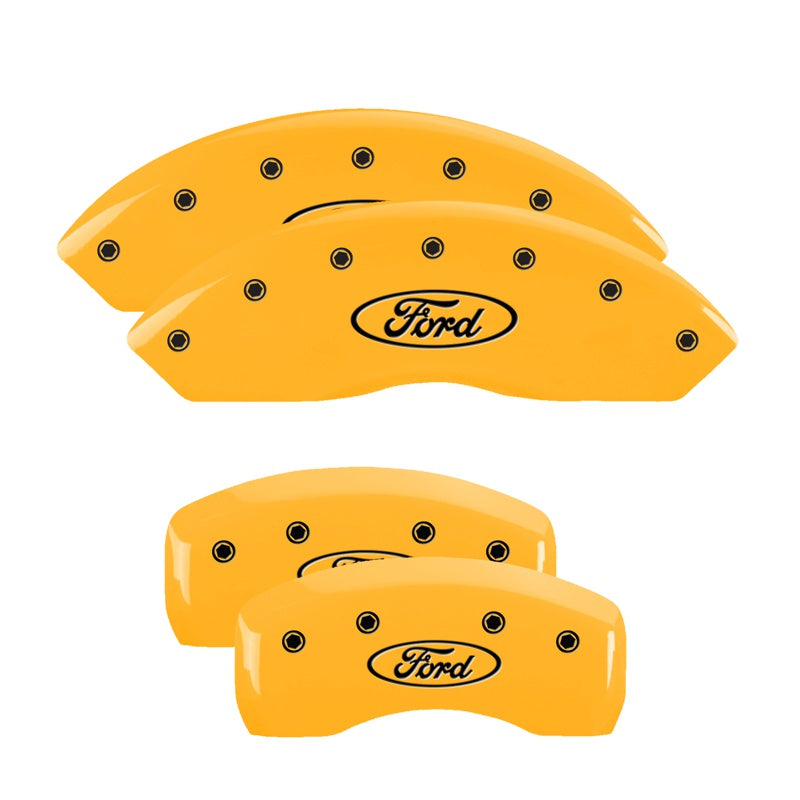 MGP Caliper Covers Set of 4: Yellow finish, Black Ford Oval Logo Ford