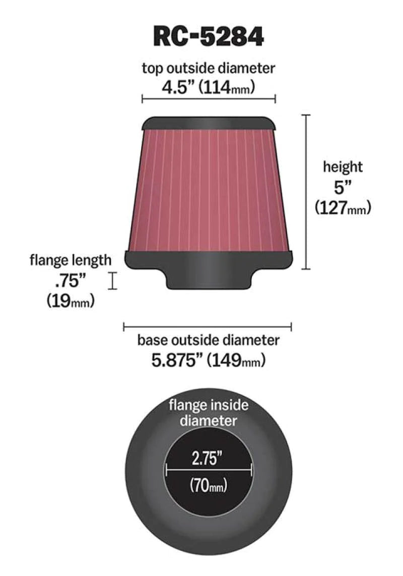 K&N Universal Clamp-On Air Filter 2-3/4in FLG / 5-7/8in B - RC-5284