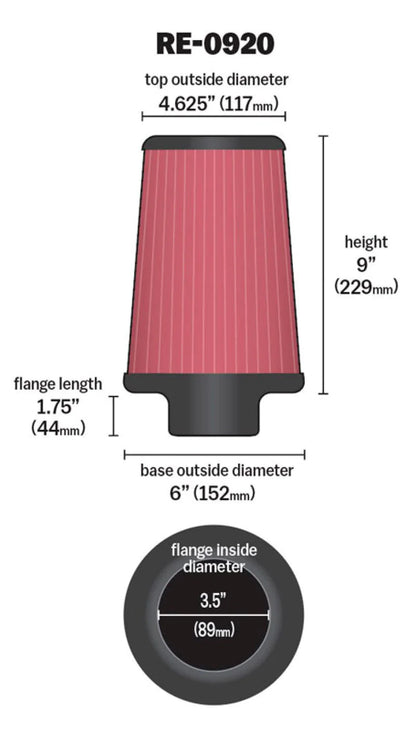 K&N Universal Rubber Filter 3 1/2inch ID FLG / 6inch - RE-0920