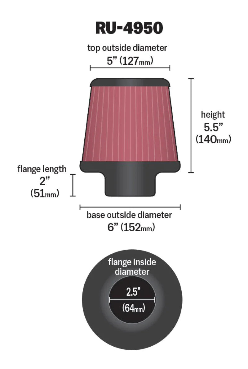 K&N Filter Universal Rubber Filter 2 1/2 inch Flange 6 - RU-4950