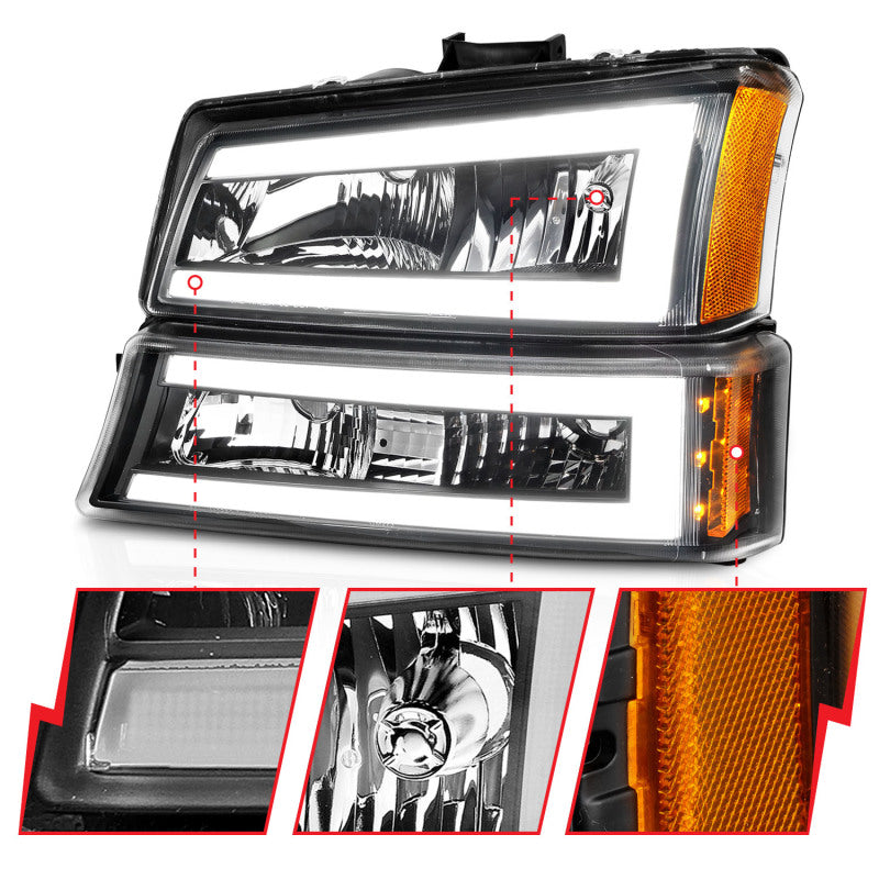 ANZO 2003-2006 Chevrolet Silverado 1500 Crystal Headlights w/ Light Bar - 111501-C-Dub Tech