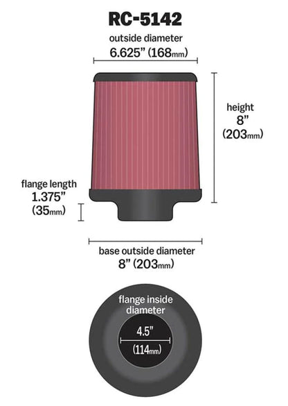 K&N Universal Clamp-On Air Filter inch FLG 4.5inch Base 4 - RC-5142
