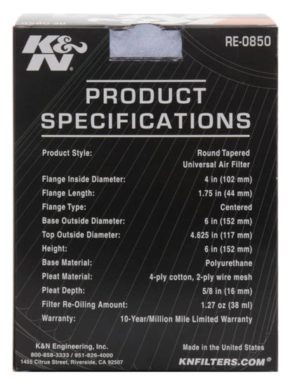 K&N Universal Air Filter (4in. Flange / 6in. Base OD - RE-0850