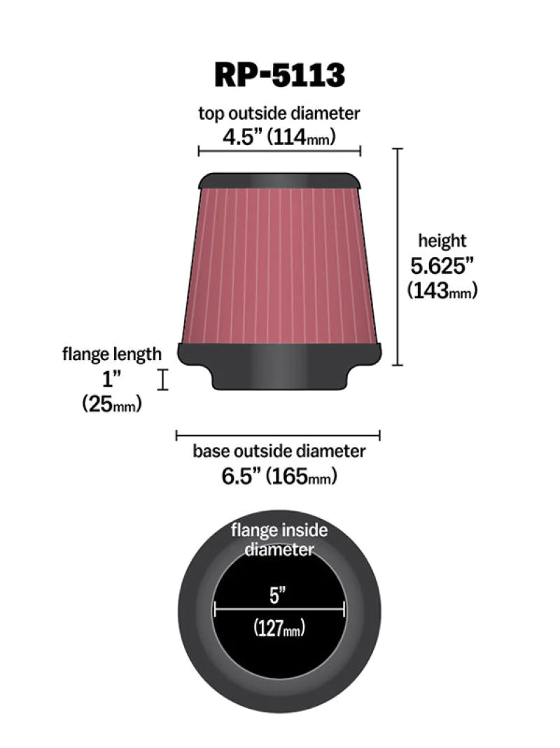 K&N Cone Filter 5in ID 6.5in base 4.5in top 5.625in - RP-5113