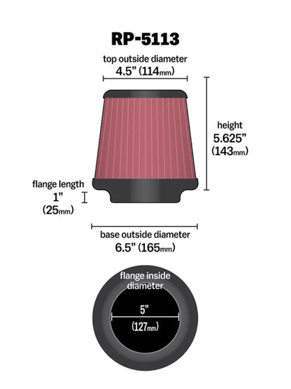 K&N Cone Filter 5in ID 6.5in base 4.5in top 5.625in - RP-5113