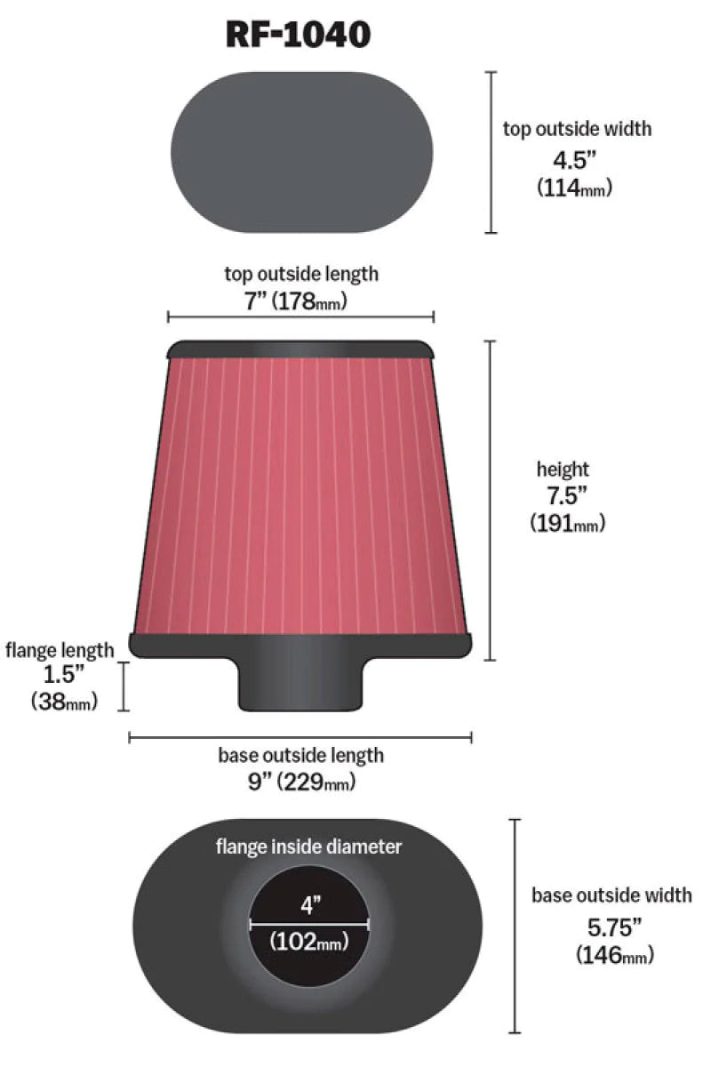 K&N Round Tapered Universal Air Filter 4 inch Flange 9x5.75in - RF-1040