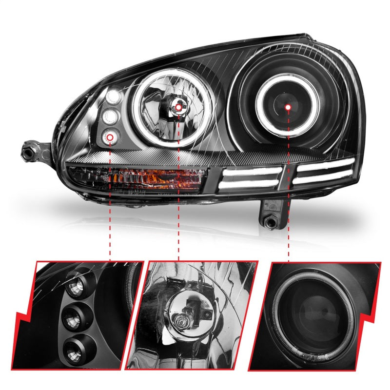 ANZO 2006-2009 Volkswagen Rabbit Projector Headlights w/ Halo Black (CCFL) - 121345-C-Dub Tech