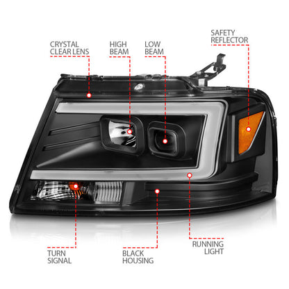 ANZO 2004-2008 Ford  F-150 Projector Headlights w/ Light Bar Black - 111541-C-Dub Tech