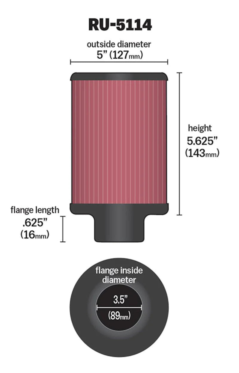 K&N Filter Universal Rubber Filter 3.5in Flange ID x 5in - RU-5114
