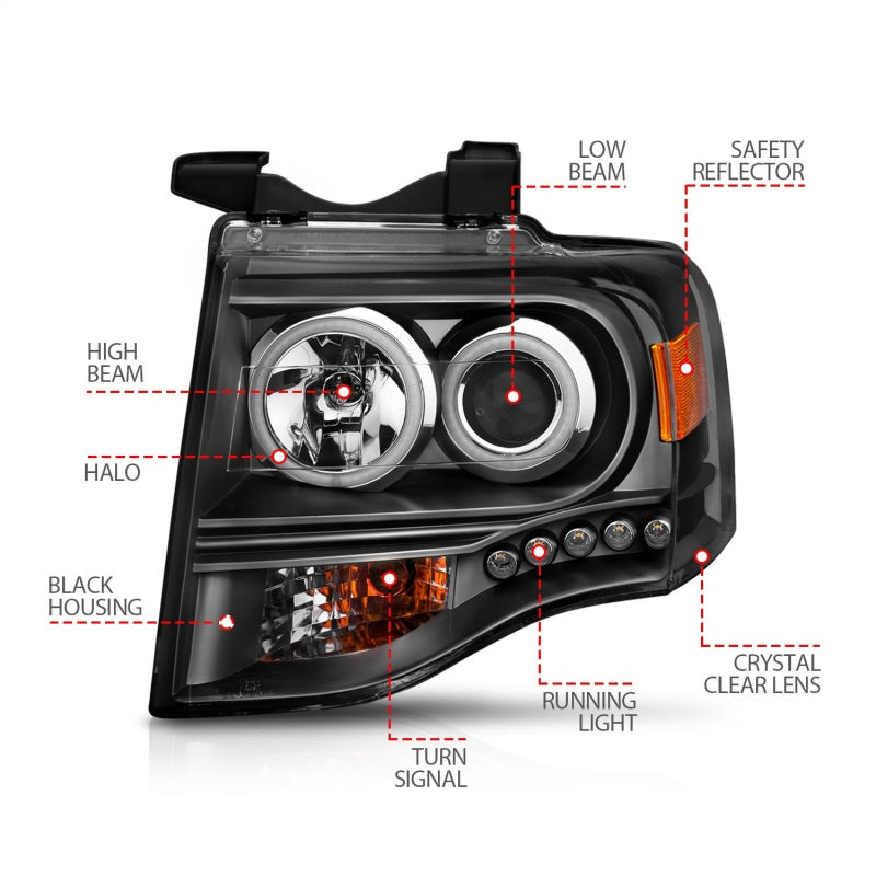 ANZO 2007-2014 Ford Expedition Projector Headlights w/ Halo Black - 111113