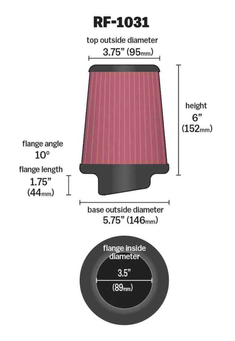 K&N Round Tapered Universal Air Filter 3.5in Flange ID / - RF-1031