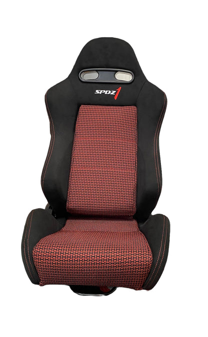 SPDZ1 Pole Position 7 Racing Seats Black Cloth/Red Kevlar Mesh Center Reclinable - Red Stitch